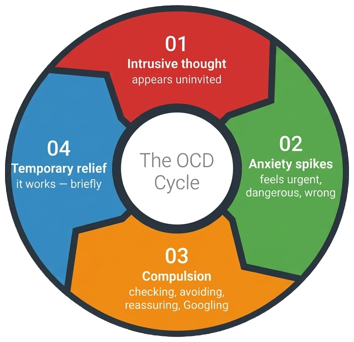 The OCD cycle: intrusive thought leads to anxiety spike, which leads to compulsion, which leads to temporary relief, which loops back to intrusive thought